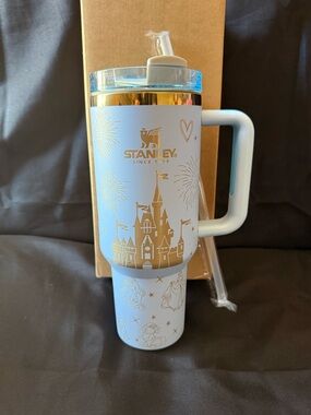New Stanley 40oz Light Blue & Gold Princess Castle and Friends with Straw